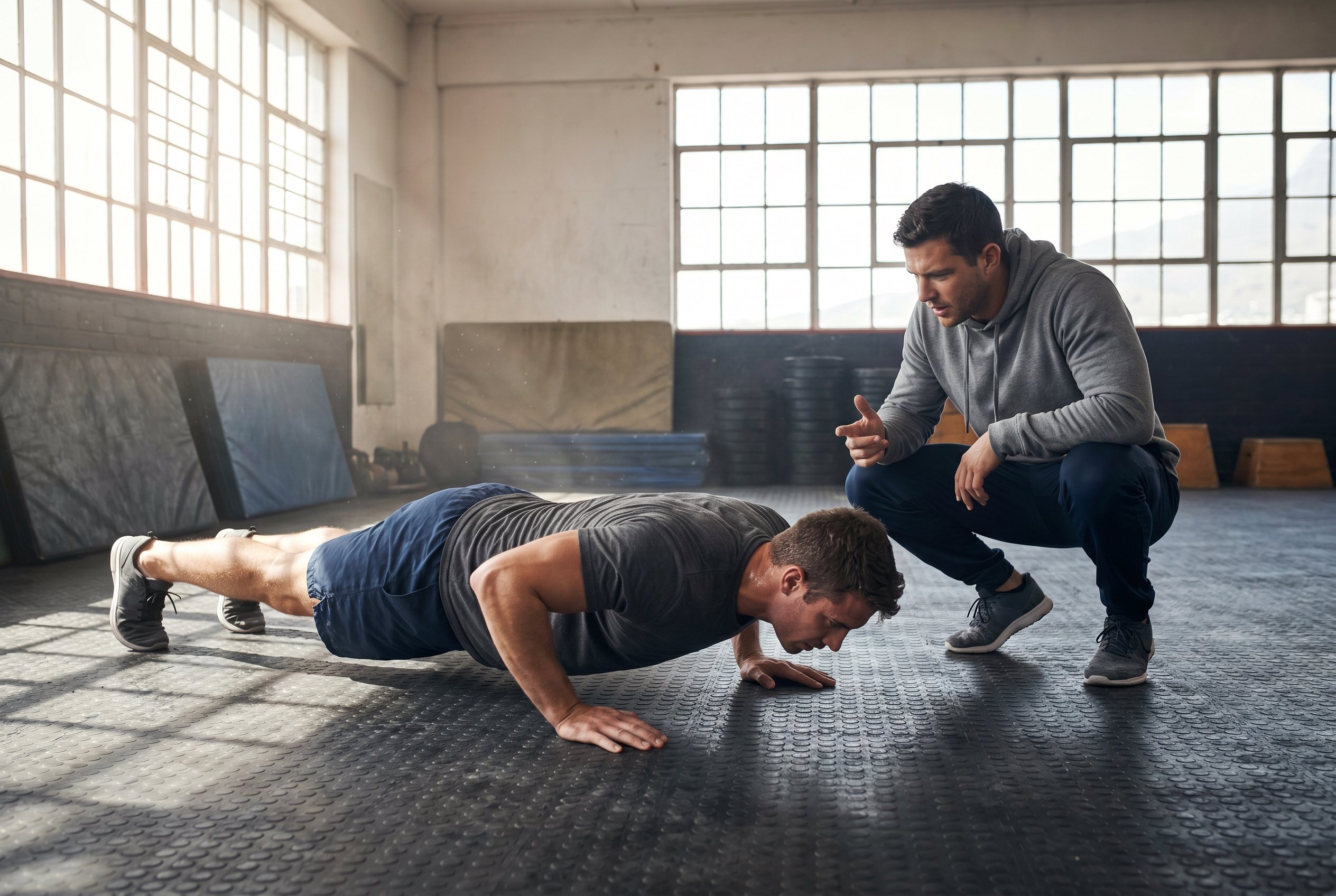 Athlete performing strict cadenced push-ups with a coach counting