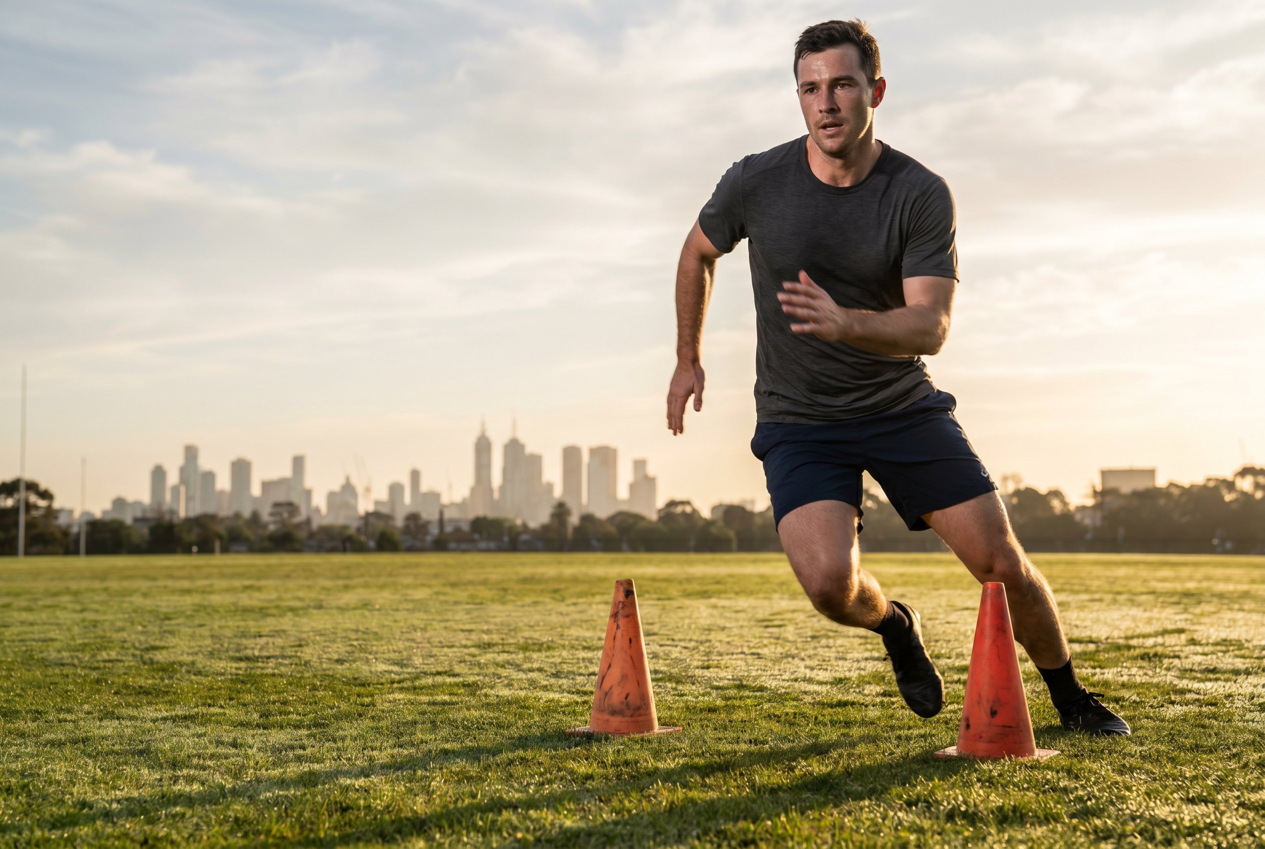 Candidate sprinting a 20-metre shuttle run at sunrise while training for the NSW Police fitness test in Sydney