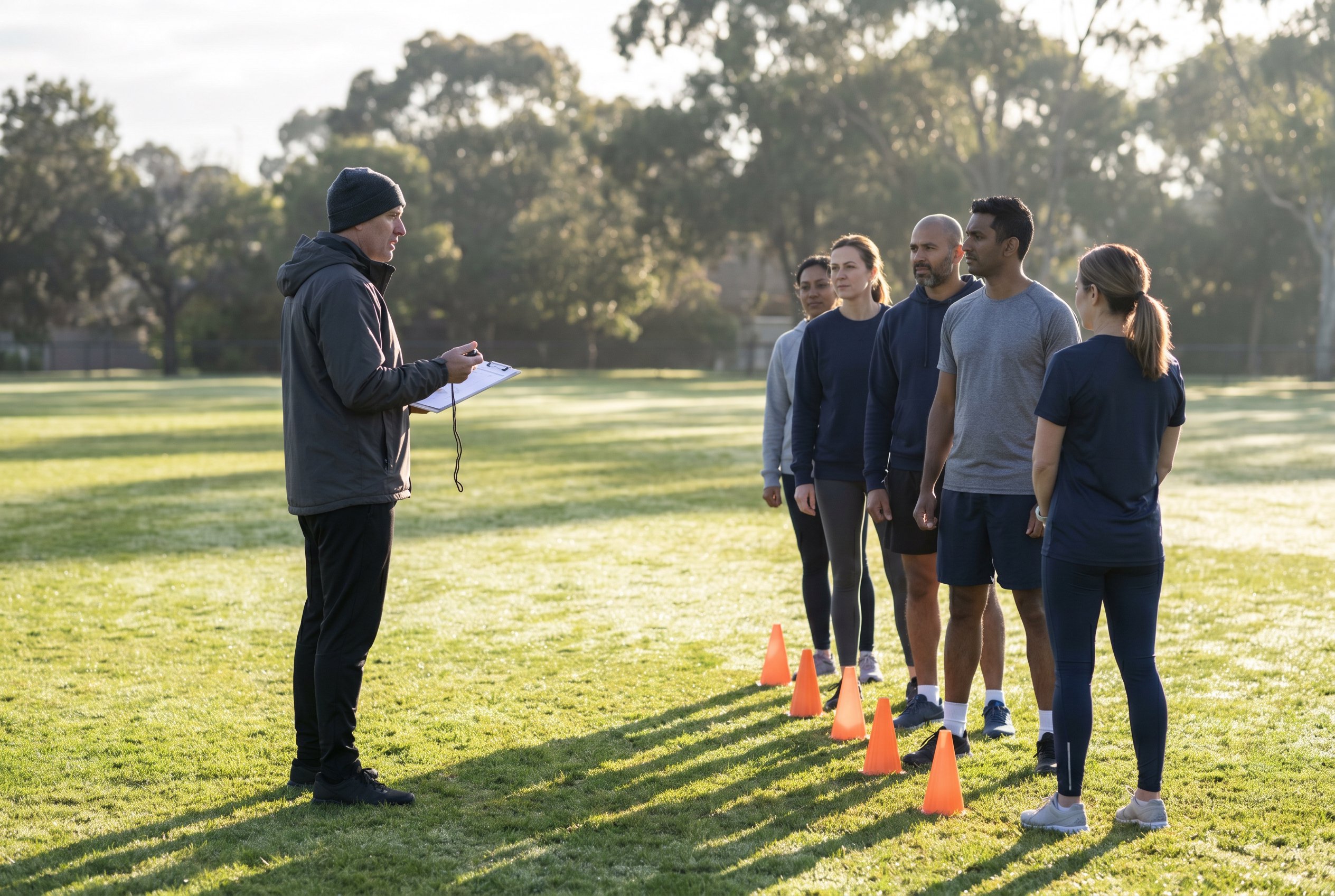 Coach running a mock NSW Police fitness assessment on a Sydney oval