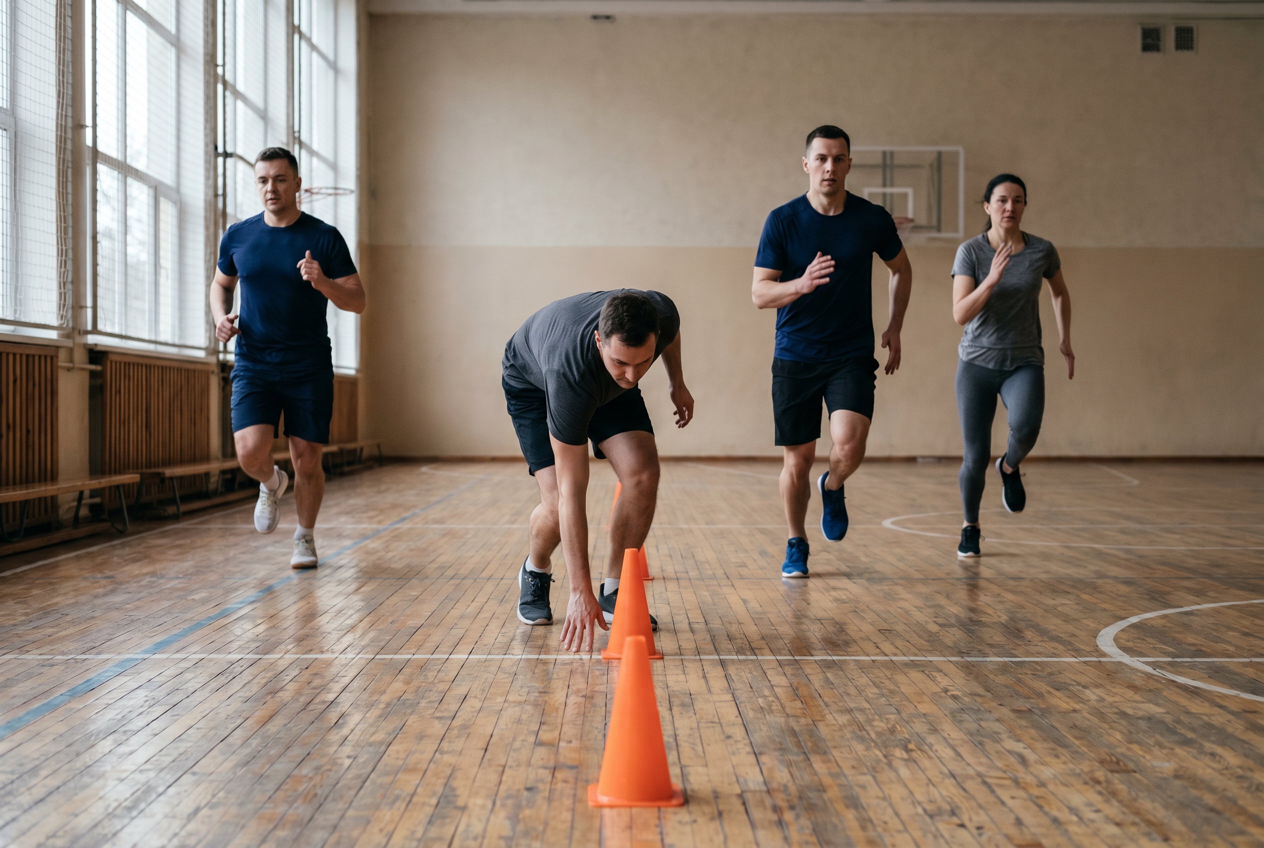 Recruits running a straight-line 20-metre shuttle run beep test on an indoor court